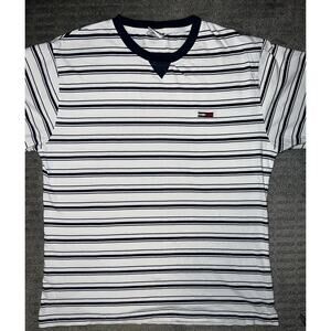 Vintage Tommy Jeans Men's Striped Navy and white T shirt. size xL. 100% cotton.